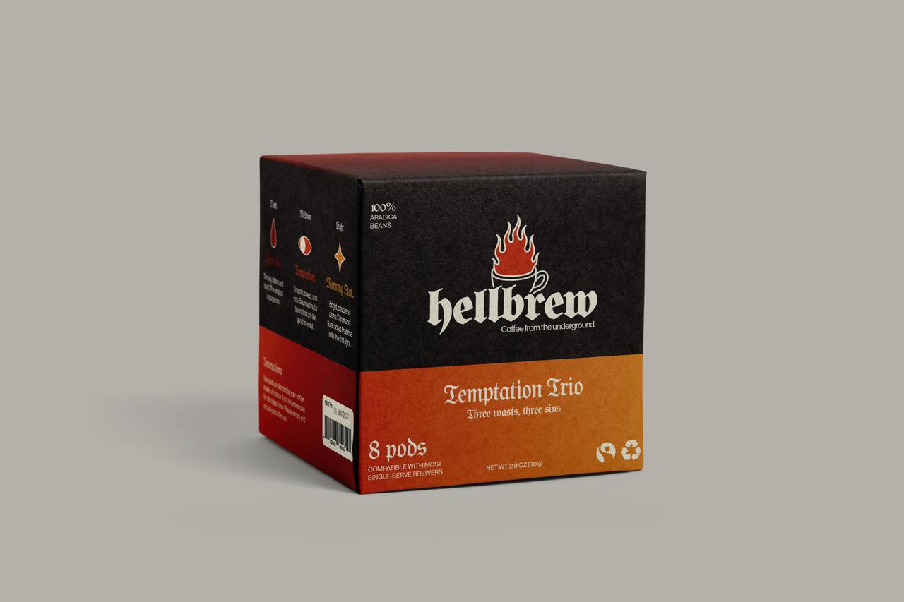 A mockup design for Hellbrew Coffee.