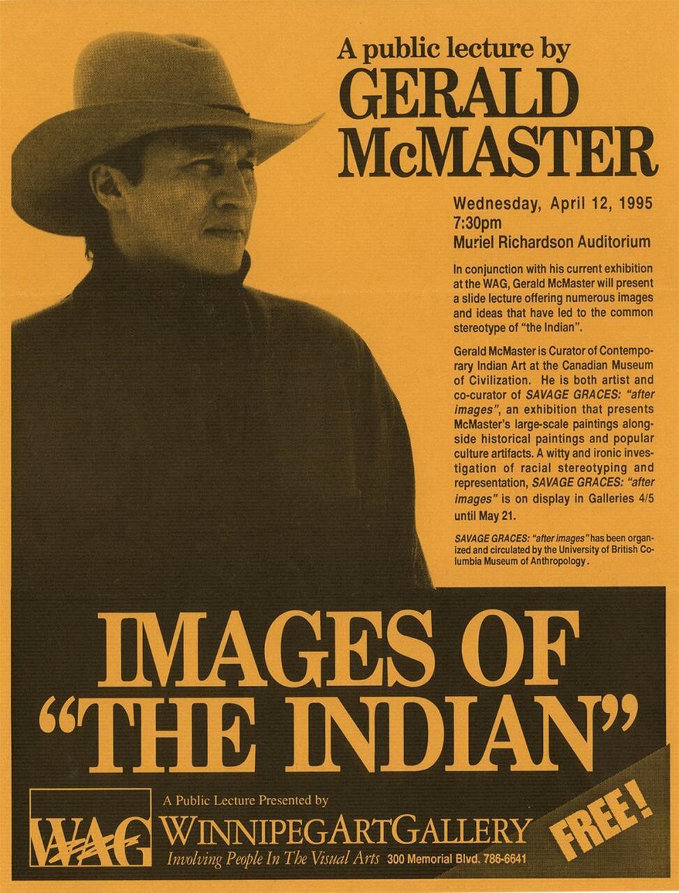 A promotional poster for Gerald McMaster's Lecture Images of "The Indian."