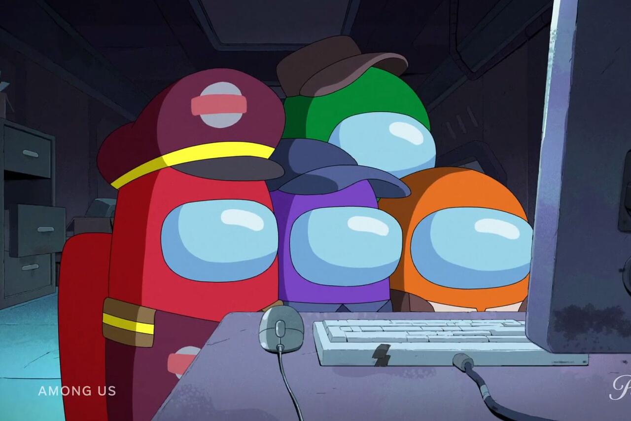 A screencap from the Among Us TV Show. The screenshot shows Red, Prupe, Orange, and Green all  looking at the security monitor.