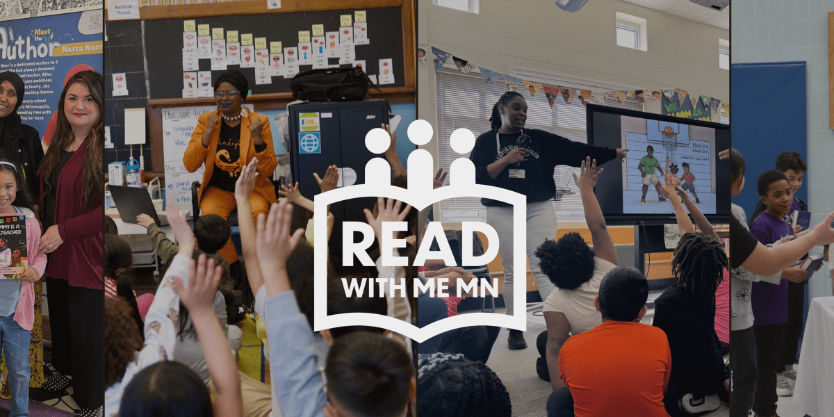 Read with Me Minneosta promotional graphic. Read With Me MN's Logologo is overlayed ontop of a collage of their events.