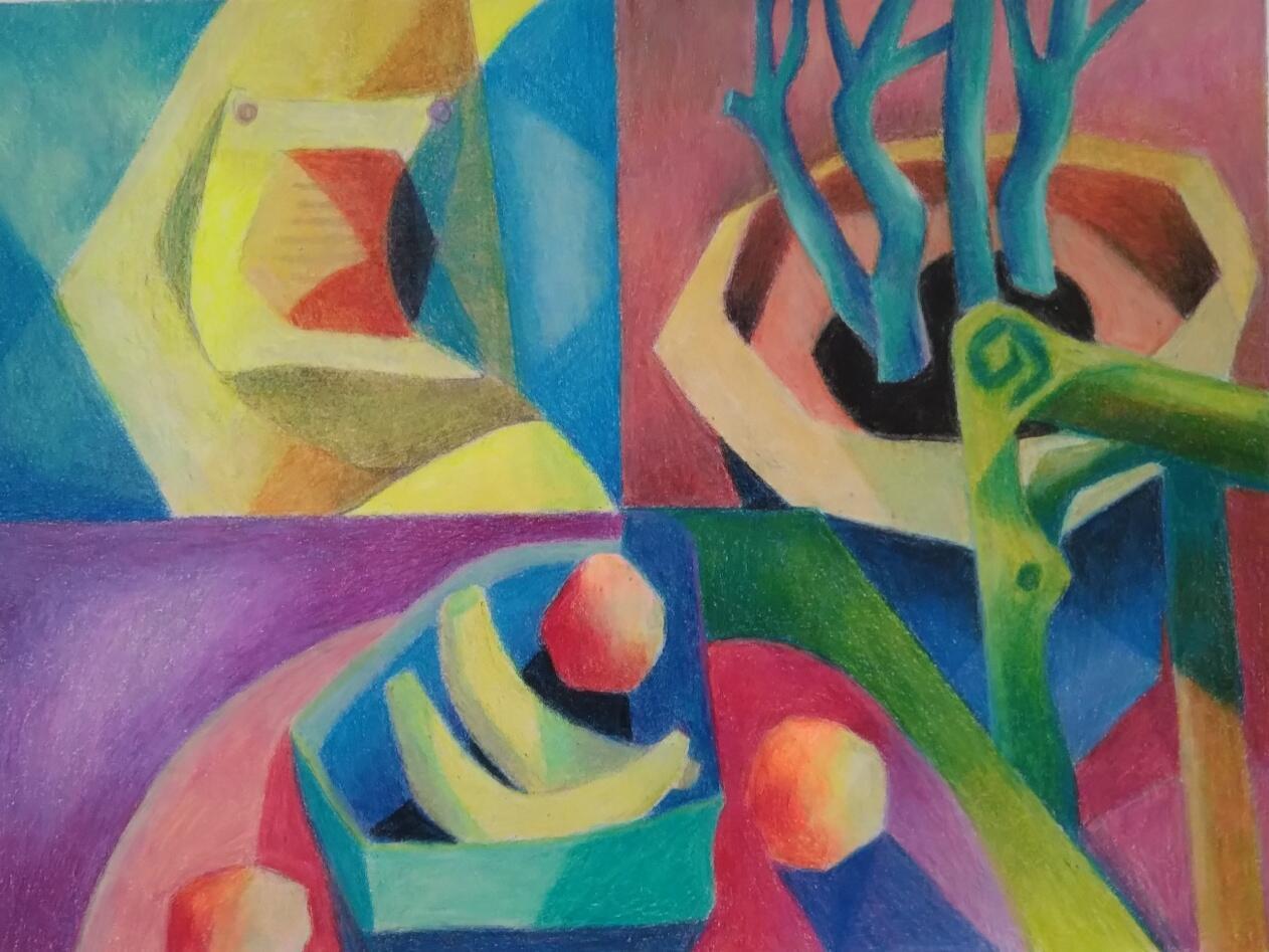 A colorful abstract geometric drawing of a still life by Lois DeWitt.