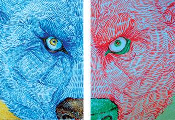 Colorful wolf diptych by Kiera Joseph. 
