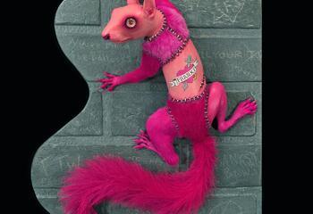 A pink squirrel on the wall